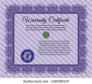 Violet Formal Warranty Certificate template. With quality background. Detailed. Lovely design. 