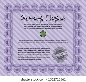 Violet Formal Warranty Certificate template. Vector illustration. Complex background. Sophisticated design. 