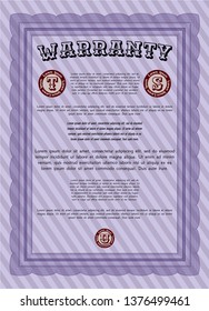 Violet Formal Warranty Certificate template. Detailed. With complex background. Money Pattern design. 