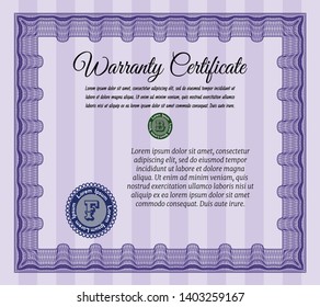 Violet Formal Warranty Certificate template. Complex background. Vector illustration. Lovely design. 