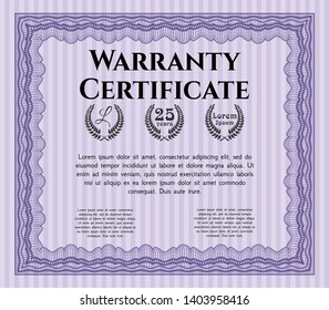 Violet Formal Warranty Certificate template. Detailed. With guilloche pattern and background. Artistry design. 