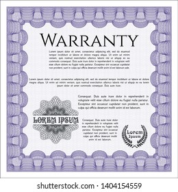 Violet Formal Warranty Certificate template. Cordial design. With complex linear background. Vector illustration. 