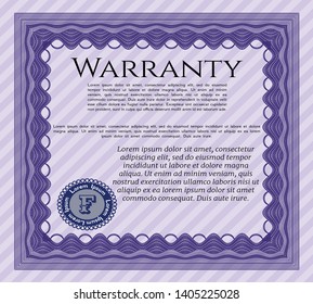 Violet Formal Warranty Certificate template. Detailed. With linear background. Cordial design. 