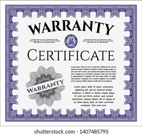 Violet Formal Warranty Certificate template. Detailed. With background. Beauty design. 