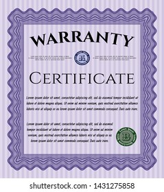 Violet Formal Warranty Certificate template. Modern design. With quality background. Vector illustration. 