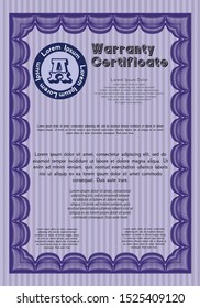 Violet Formal Warranty Certificate template. With quality background. Detailed. Money design. 