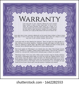 Violet Formal Warranty Certificate template. With linear background. Money Pattern design. Detailed. 