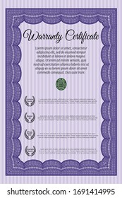Violet Formal Warranty Certificate template. Money Pattern design. Detailed. With complex background. 