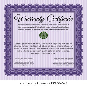 Violet Formal Warranty Certificate template. Artistry design.  Complex background.  Vector illustration. 