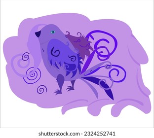 A violet funky bird on a lilac vintage background. This illustration can be used as a logotype for bird's, travel, zoo, singing, creative companies, as a print for t-shirts. Vector, isolated.