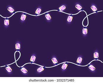Violet garland of light bulbs on a dark blue background. Vector illustration.