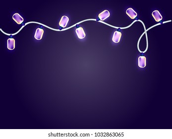 Violet garland of light bulbs on a dark blue background. Vector illustration.