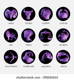 Violet geometric polygon zodiac signs and icons