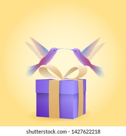 Violet gift box with beautiful birds on yellow background. Vector illustration.