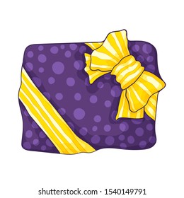 Violet gift box with dots print and yellow ribbon bow with stripes on white background vector hand draw illustration in cartoons style. 