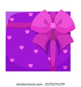 Violet gift box in hearts with pink bow. Vector illustration of cartoon flat cute color present isolated on white background. Christmas or birthday present, anniversary or Valentine`s day gift box.