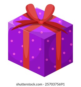 Violet gift box with red bow. Vector illustration of cartoon flat cute color present isolated on white background. Christmas or birthday present, anniversary or Valentine`s day gift box.