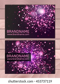 Violet Gift Business card template with abstract pattern, glitter dust, sparkling, twinkling stars. Cosmic atmosphere background, universe. Design usable for discount card, invitation, ticket.Vector