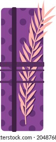 Violet gift, cute box with ribbon and branch, vector illustration in cartoon style
