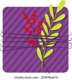 Violet gift, cute box with ribbon and branch, vector illustration in cartoon style