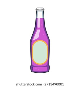 Violette Glasflasche mit Verpackung für ein erfrischendes Erfrischungsgetränk oder Getränk, mit einem leeren Etikett bereit für kundenspezifische Markenbildung oder Produktinformationen