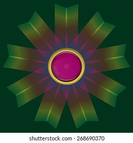 Violet glass button with abstract colorful ribbons on dark green background