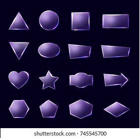 Violet glass plates set. Triangle square rectangle hexagon, pentagon, star, heart, circle textured frames with glow and light on deep blue background. Technology shapes. Realistic vector illustration.