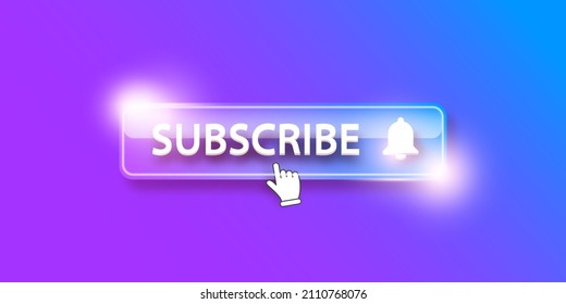 violet glass subscribe button with ring bell isolated on stylish violet background. Premium Subscribe banner design template with glossy Subscribe video or channel button and hand