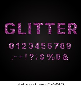 Violet glitter alphabet numbers vector illustration