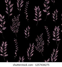 Violet glitter, floral element on black background