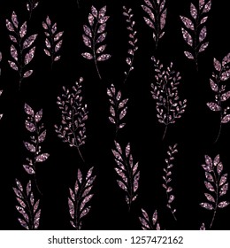 Violet glitter, floral element on black background