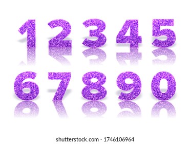 Violet glitter numbers with reflection and shadow in royal style isolated on white background. Template for invitation card and sale banner. Holiday decoration. Vector.