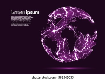 Violet glittering image of a planet Earth formed by lightnings. Vector illustration