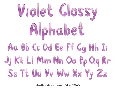Violet glossy alphabet with capital and small letters. Vector illustration.