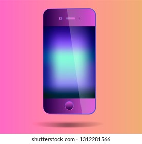 Violet glossy smartphone on gradient background with neon bright screen. Design template, mockup. 