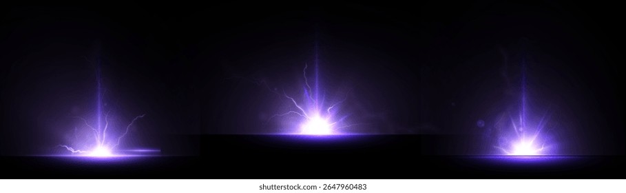 Brilho violento de explosão de energia com relâmpago e brilho brilhante no fundo preto. Explosões espetaculares de energia com feixes de luz verticais e impulsos elétricos.