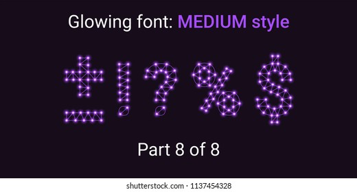 Violet Glowing font in the Outline style. Vector Alphabet with Connections, Lines, Polygonal structure and Glowing knots. Medium style, part 8 with symbols Plus, Minus, Percent, Dollar and other