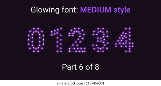 Violet Glowing font in the Outline style. Vector Alphabet with Connections, Lines, Polygonal structure and Glowing knots. Medium style, part 6 with numbers 0 1 2 3 4