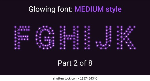 Violet Glowing font in the Outline style. Vector Alphabet with Connections, Lines, Polygonal structure and Glowing knots. Medium style, part 2 with uppercase letters F G H I J K