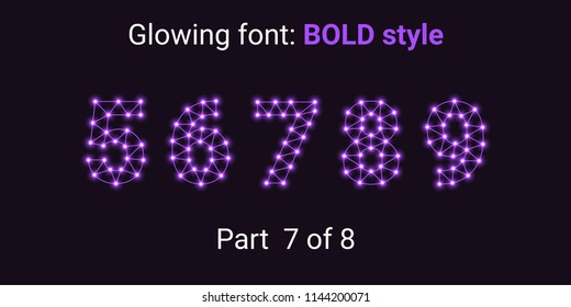 Violet Glowing font in the Outline style. Vector Alphabet with Connections, Lines, Polygonal structure and Glowing knots. Bold style, part 7 with numbers 5 6 7 8 9