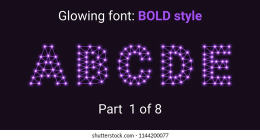 Violet Glowing font in the Outline style. Vector Alphabet with Connections, Lines, Polygonal structure and Glowing knots. Bold style, part 1 with uppercase letters A B C D E