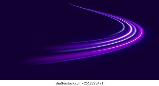 Violet glowing shiny lines effect vector background. Luminous white lines of speed. Light glowing effect. Light trail wave, fire path trace line and incandescence curve twirl.