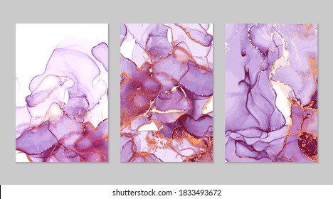 Violet and gold marble abstract backgrounds in alcohol ink technique. Set of vector stone textures. Modern paint with glitter. Template for banner, poster design. Fluid art painting