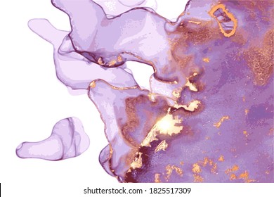 Tela de mármol violeta y dorado. Fondo vectorial abstracto de la técnica de tinta alcohólica. Moderna pintura lujosa en colores naturales con brillo. Plantilla para banner, diseño de afiches. Pintura de arte fluido