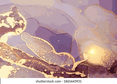 Violet and gold stone marble texture. Alcohol ink technique abstract vector background. Modern luxury paint in natural colors. Template for banner, poster design. Fluid art painting