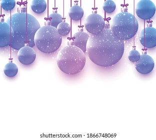 Violet gradient christmas balls hanging on pink ribbons with bow. Snow, snowflakes. White background. Vector festive illustration.