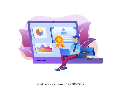 Violet gradient concept Business success with people scene in the flat cartoon design. Businessman watching the success of his company. Vector illustration.