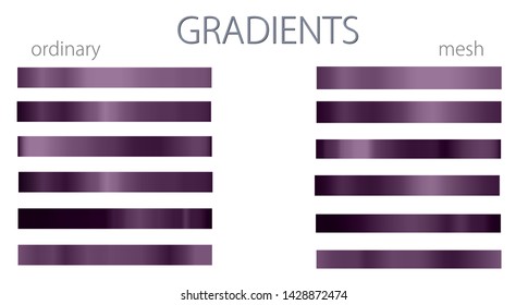 Violet gradients. Set or palette. Mesh and regular gradients. Cool shades. For designers. Vector illustration. Holiday colors. Graphic resources. Dark purple color.