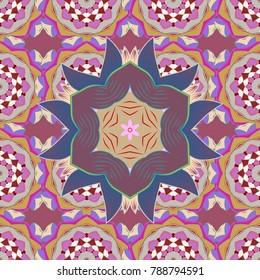 Violet, gray and beige snowflakes on a violet, gray and beige colors. Vector illustration. Isolated cute snowflakes on colorful background. Snowflake vector pattern.