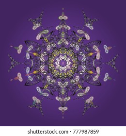 Violet, gray and white snowflakes on a violet, gray and white colors. Isolated cute snowflakes on colorful background. Snowflake vector pattern. Vector illustration.